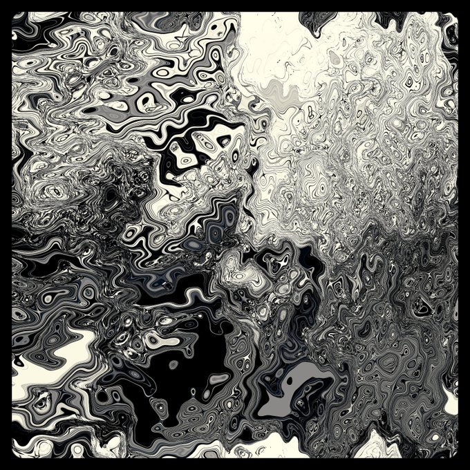 An abstract black, white, and gray swirling pattern resembling marbled or liquid art with intricate flowing lines.