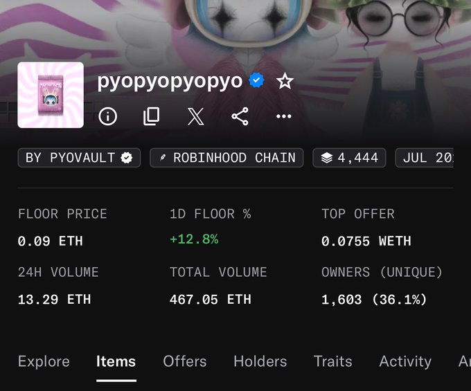 A screenshot of an NFT marketplace listing for the collection 'pyopyopyopyo' by PYOVAULT on the Robinhood chain, showing a floor price of 0.09 ETH and 24-hour volume of 13.29 ETH.
