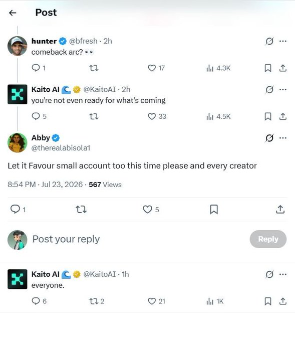 A screenshot of an X (Twitter) thread showing a conversation between users @bfresh, @KaitoAI, and @therealabisolat, where Kaito AI replies to questions about a "comeback arc" and equal opportunities for small creators. The exchange relates to the accompanying post by highlighting concerns about fair opportunities for smaller accounts, with Kaito AI's reply "everyone." appearing to address the call for equal creator treatment.