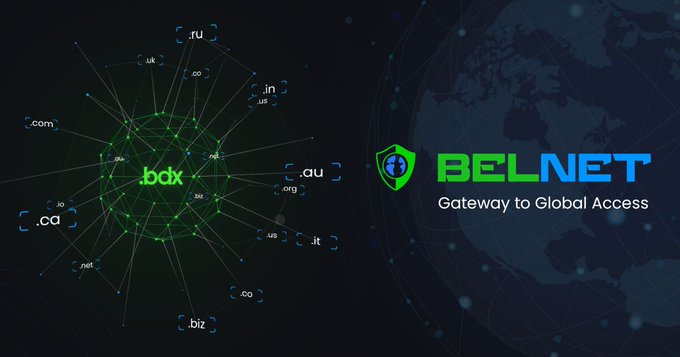 A promotional graphic for 'BELNET - Gateway to Global Access' featuring a globe and a network diagram with various country domain extensions like .ru, .uk, .com, and .ca.