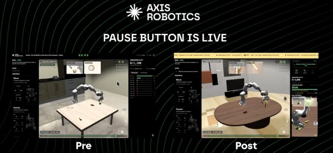 A promotional image for Axis Robotics announcing 'PAUSE BUTTON IS LIVE', showing pre and post screenshots of a robotics simulation interface.