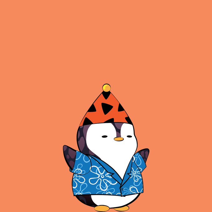 A digital illustration of a cartoon penguin character wearing a blue floral Hawaiian shirt and an orange and black patterned beanie against a solid orange background.