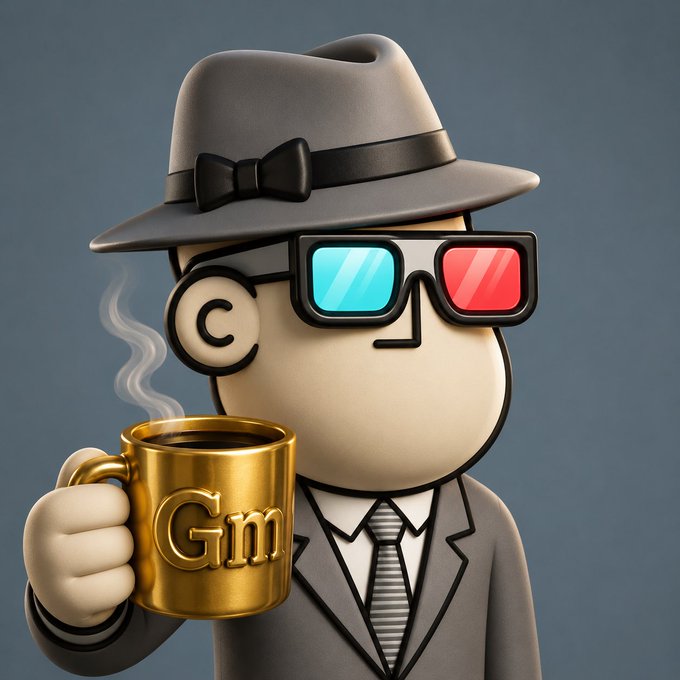 A 3D-rendered cartoon character wearing a gray fedora, suit, and red-cyan 3D glasses holds a steaming gold mug labeled 'Gm.'