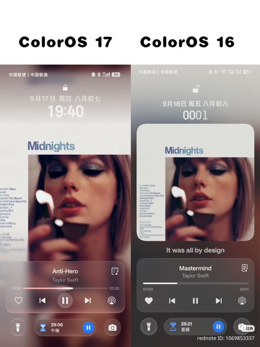 A side-by-side comparison of ColorOS 17 and ColorOS 16 interfaces, both showing a Taylor Swift 'Midnights' album playback screen with tracks 'Anti-Hero' and 'Mastermind' respectively.