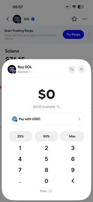 A mobile app screenshot showing a 'Buy SOL' interface for Solana ($71.45) with $0.00 Available and a USDC payment option, including a numeric keypad.