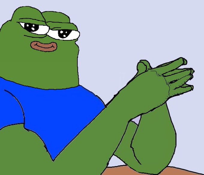 A hand-drawn illustration shows a green Pepe the Frog character wearing a blue shirt, clapping his hands with a smug look on his face against a light purple background.