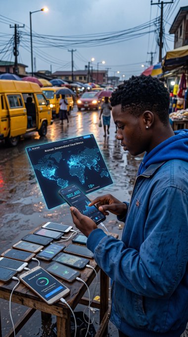 A young man in a blue jacket standing at what appears to be a rainy outdoor market, looking at a smartphone displaying a world map interface, with multiple phones charging on a table in front of him.