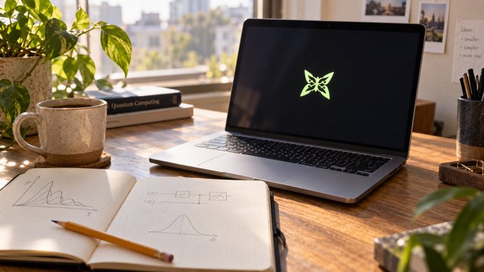 A laptop on a wooden desk displaying a green butterfly logo, with a coffee mug, plant, and open notebook with graphs nearby.