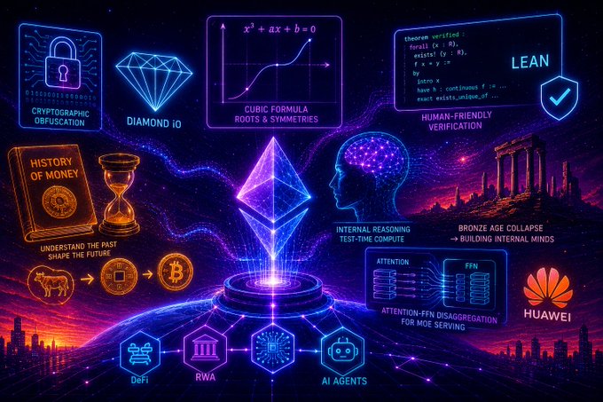 A complex digital infographic featuring a central Ethereum diamond logo surrounded by various crypto-related concepts, including 'CRYPTOGRAPHIC OBFUSCATION', 'DIAMOND iO', 'CUBIC FORMULA ROOTS & SYMMETRIES', 'LEAN', and logos for Huawei, alongside other terms like 'DeFi', 'RWA', and 'AI AGENTS'.