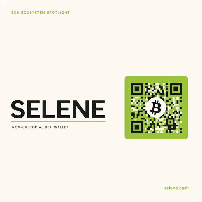 A promotional graphic for 'SELENE' Non-Custodial BCH Wallet featuring the text 'BCH ECOSYSTEM SPOTLIGHT' and a Bitcoin QR code, with 'selene.cash' at the bottom.