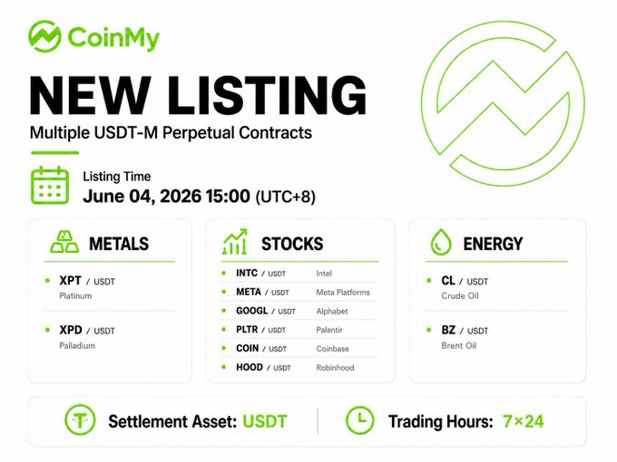 The image features a poster advertising a new listing service called CoinMy, which offers multiple USDT-M perpetual contracts. The poster includes various symbols related to cryptocurrency, such as Bitcoin, XPT, INTC, META, GOOGL, PLTR, COIN, HOOD, CL, and BZ USDT-M. The post also mentions that the service is available for trading 24/7 in USDT and offers settled contracts in different cryptocurrencies like Bitcoin, XPT, INTC, META, GOOGL, PLTR, COIN, HOOD, CL, and BZ.
