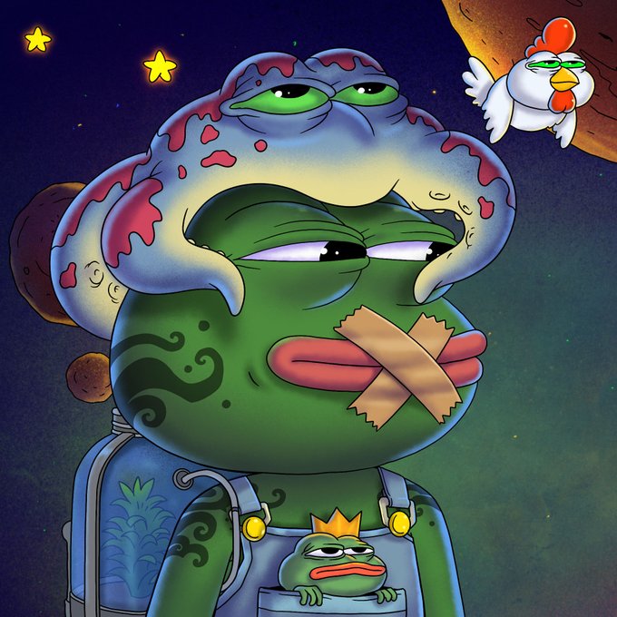 The image features a cartoon frog with a bandaged mouth, wearing a hat that looks like an elephant's head. The frog has a backpack on its back and appears to be walking into a bar. There are also three deadpans and a chicken in the scene. The caption for the image reads "Three deadpans and a Pepe walked into a bar @PepeExplorers".