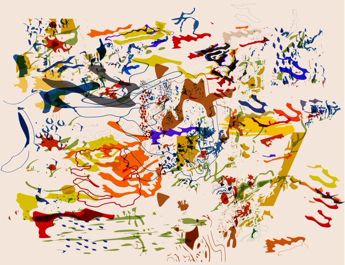 An abstract, chaotic composition filled with colorful, jagged brushstrokes, scattered dots, and fragmented shapes in red, blue, yellow, green, and brown on a white background.