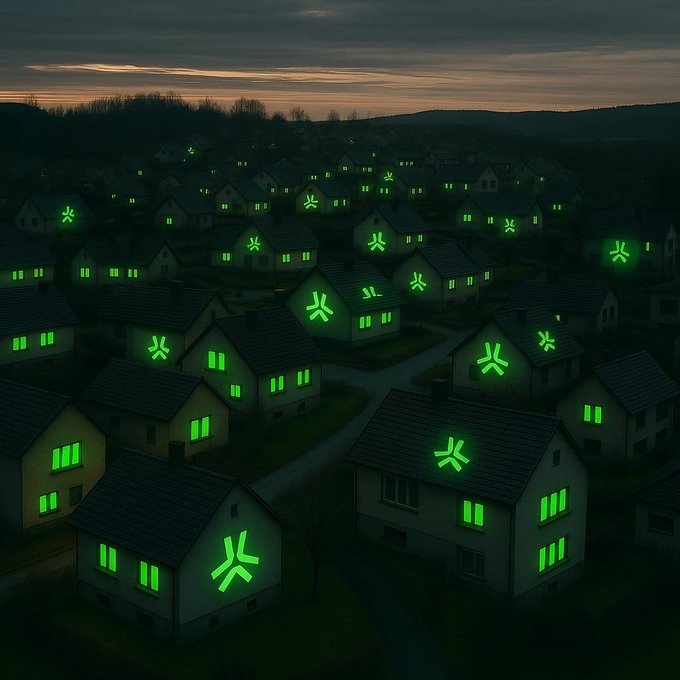 An aerial view of a suburban neighborhood at dusk where houses have glowing green symbols and lights emanating from their windows.