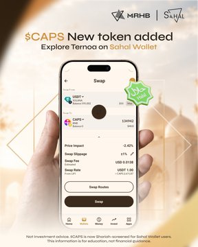 An advertisement for '$CAPS New token added' on MRHB and Sahal Wallet, showing a mobile app interface for swapping USDT to CAPS, with the tagline 'Explore Ternoa on Sahal Wallet'.