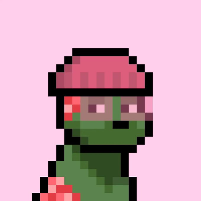 A pixel art illustration of a green-skinned character wearing a pink beanie and a red wrist accessory, set against a light pink background. The retro-style avatar complements the motivational message about surrounding oneself with the best to become the best, serving as a stylized profile or mascot image for @doginaldogs.