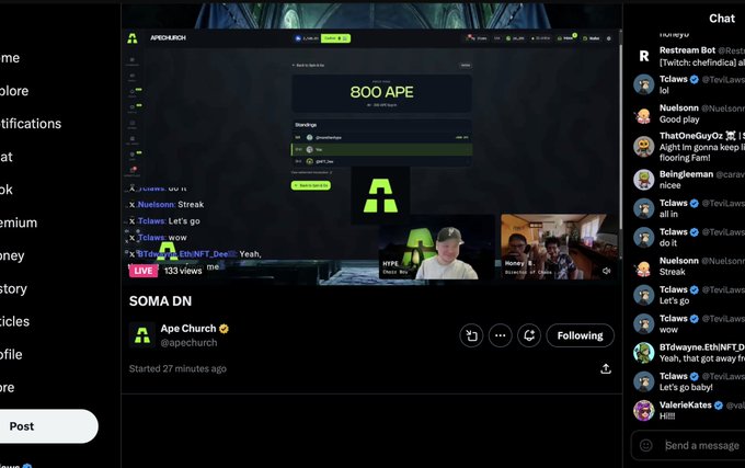screenshot of a Twitter/X live stream showing an Ape Church auction for 800 APE tokens with live chat