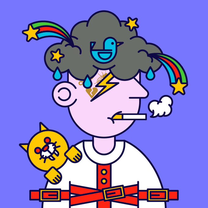 A surreal, cartoon-style illustration of a person smoking a cigarette with a dark raincloud over their head containing a small blue bird, raindrops, lightning bolts, and stars, while a yellow cat-like creature sits on their shoulder against a purple background.