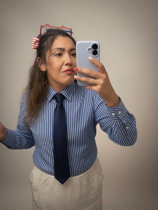 A woman takes a mirror selfie wearing a blue and white striped button-up shirt with a navy tie, a decorative red, white, and blue bow headband, and red lipstick—appearing to playfully mix professional business attire with patriotic flair to match her tongue-in-cheek transition to a "serious business account."
