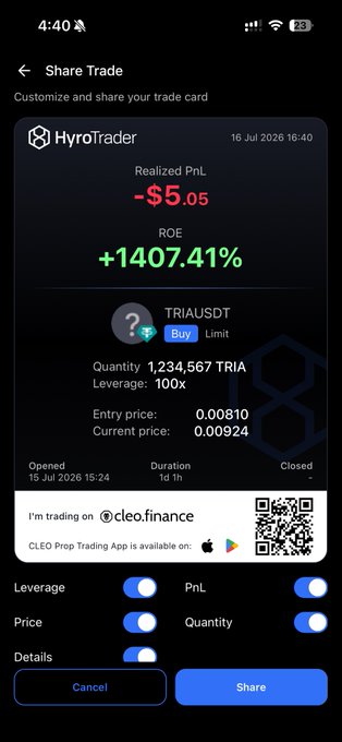 The image shows a HyroTrader "Share Trade" card featuring a TRIA/USDT long position with an entry price of 0.00810, 100x leverage, a realized PnL of -$5.05, and an impressive ROE of +1407.71%. The screenshot serves as proof of trading performance to promote the Telegram channel "Ogcryptotrades" being advertised in the post.