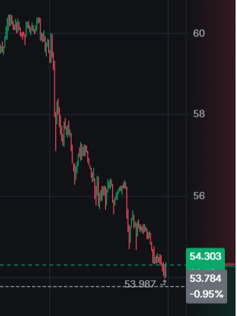A candlestick chart shows a steep downtrend from around $60 to $53.784 (-0.95%), with the current price marked at $54.303, visually reflecting the 11% 24-hour decline of $HYPE mentioned in the post.