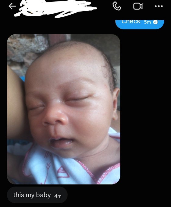 A Snapchat screenshot showing a sleeping newborn baby captioned 'this my baby', with a reply 'Check 5m' from another user.