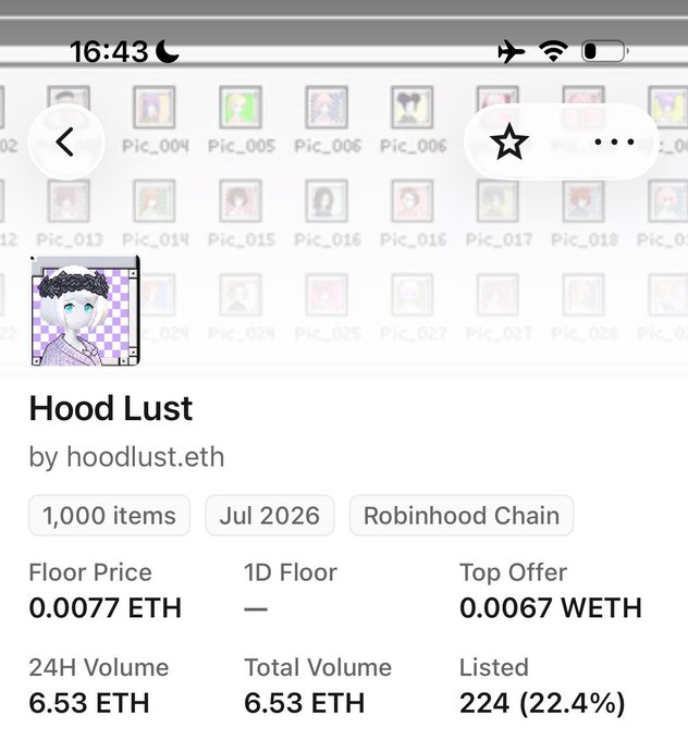 A NFT collection page for "Hood Lust" by hoodlust.eth shows a floor price of 0.0077 ETH and a top offer of 0.0067 ETH on Robinhood Chain, visually reinforcing the post's criticism of the project's underwhelming market performance.