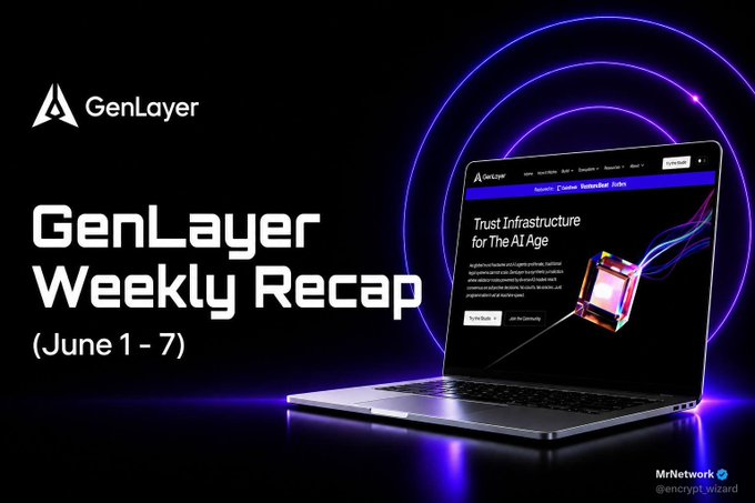 The image features a laptop computer placed on a table, displaying a website called "GenLayer Weekly Recap" that was posted on June 1st, 2016. The website's title reads "Genlayer Weekly Recap", indicating that this is an update or summary of the Genlayer Weekly Recap from the previous week. The website also mentions that it was posted at 2:07 PM and has been viewed by over 100 people.