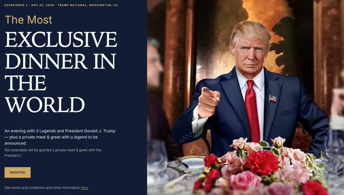 A promotional banner for "The Most Exclusive Dinner In The World" featuring Donald Trump, with registration for an evening event with 3 Legends and President Trump at Trump National, Washington DC on November 12, 2026.