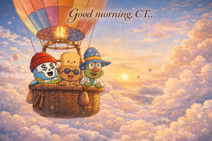 A colorful illustration shows three cartoon mascots in a hot air balloon basket floating through clouds at sunrise, with the text 'Good morning, CT..' displayed above them.