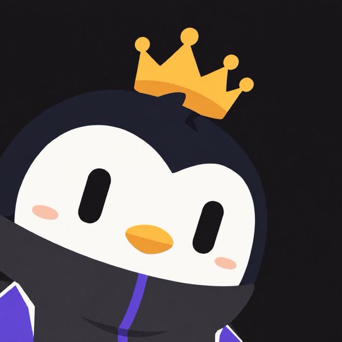A cartoon penguin character wearing a black hoodie and a yellow crown against a dark background.