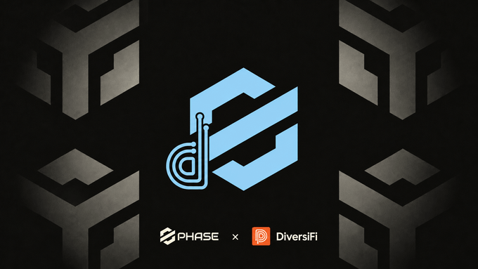 A dark promotional graphic featuring the Phase protocol logo and the DiversiFi logo with an "x" between them, indicating a collaboration. The image visually represents the partnership between Phase and DiversiFi for the dSTAKE vault, which uses DiversiFi's infrastructure to rebalance SOL holdings and convert price swings into $YIELD.