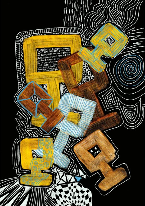 A vibrant abstract illustration featuring a black background with colorful geometric shapes in yellow, blue, and brown, surrounded by white line patterns, spirals, and a checkerboard motif.
