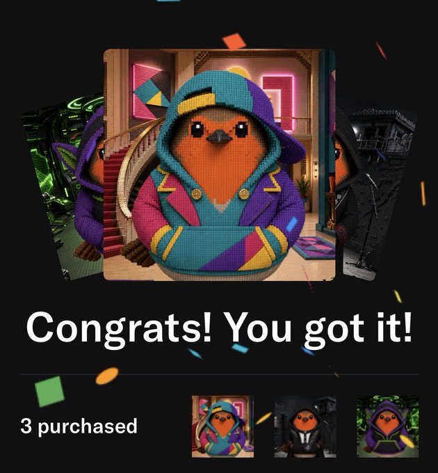 A mobile app screen showing a 'Congrats! You got it!' message with confetti, featuring a 3D-rendered orange bird character in a colorful patchwork hoodie and cap, noting '3 purchased' with thumbnails of other bird variants below.