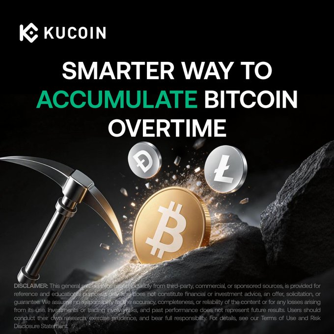 The image is a KuCoin promotional graphic featuring a golden Bitcoin coin emerging from a dark rocky surface, with a mining pickaxe striking nearby and silver Dogecoin and Litecoin coins flying outward. The bold headline reads "SMARTER WAY TO ACCUMULATE BITCOIN OVERTIME," reinforcing the post's message about steady BTC accumulation through KuCoin's cloud mining service (KuMining).