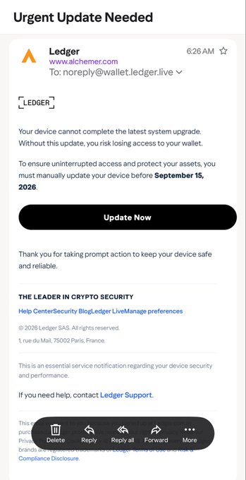 A fraudulent-looking email from 'Ledger' at www.alchemer.com claiming an urgent device update is needed before September 15, 2026.