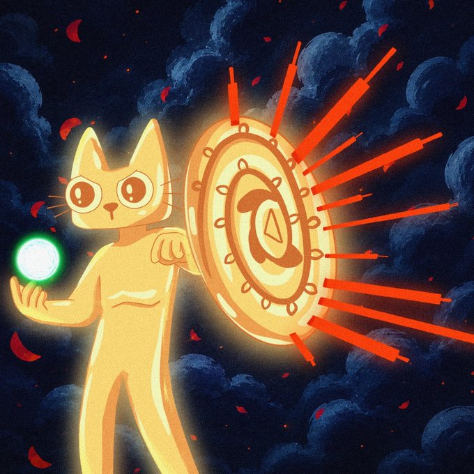 A stylized illustration shows a yellow cat-like figure holding a glowing green orb in one hand while wielding a large orange shield-like emblem with a triangle symbol, set against a dark cloudy background.
