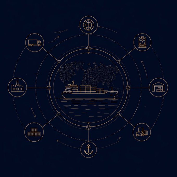 A dark blue infographic featuring a central cargo ship on water with a world map background, surrounded by a circular diagram with icons representing various logistics modes including truck, train, warehouse, forklift, anchor, house, factory, and van.