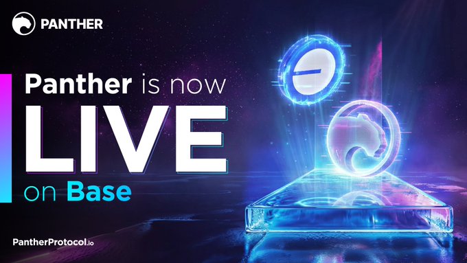 A promotional banner reading 'Panther is now LIVE on Base' featuring glowing neon blue and pink circular icons above a transparent block against a dark starry background.