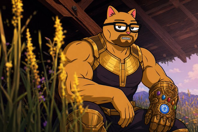 An animated anthropomorphic cat with glasses and gold armor sits in a field of tall grass, wearing a bejeweled gauntlet resembling the Infinity Gauntlet. The image complements the post's message by visually portraying the "weeding out" of weak investors ("jeets") to allow the $SUICAT token to rise like a powerful, Thanos-like feline force in the crypto market.
