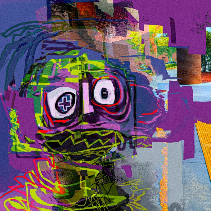 A stylized digital illustration of a cartoonish character with large mismatched eyes and a jagged yellow mouth, set against a purple background with street scenes.