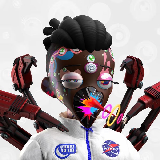 A 3D render of a character with dark skin and a patterned face featuring multiple eyes, set against a white background, wearing a white jacket with "MOON CLUB" and "ATFKT" patches, and surrounded by red mechanical arms and floating neon rings.