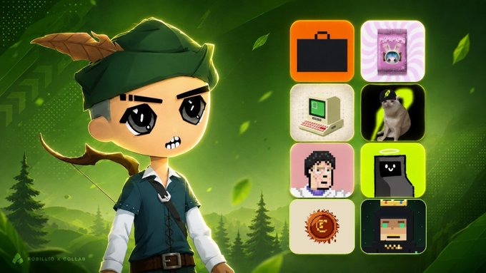 A stylized cartoon character dressed as Robin Hood, wearing a feathered green hat and holding a bow, stands against a forest backdrop, alongside eight NFT profile icons—including a briefcase, toy figure, vintage computer, cat, pixelated character, Pac-Man ghost, sun emoji, and pixel face—highlighting the partnered NFT communities receiving guaranteed whitelist spots. The text "ROBILITO X COLLAB" appears at the bottom left, tying the artwork to the collaborative whitelist announcement.