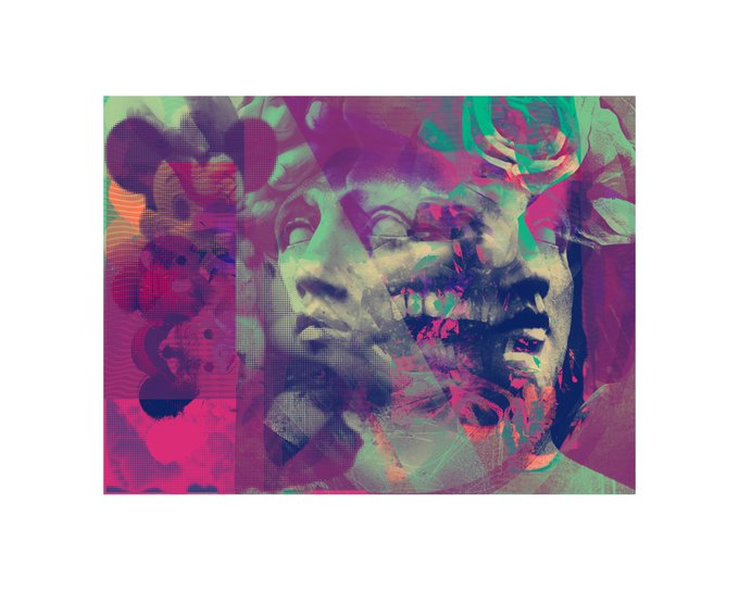 A vibrant, glitch-style portrait of a woman rendered in overlapping magenta, teal, and orange hues, layered with abstract smoke-like patterns and a pixelated halftone effect. The surreal, psychedelic composition aligns with the "Available now. Tell a friend" message, suggesting a promotional release of an artistic design or print.