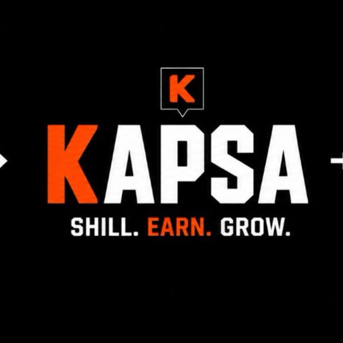 Logo for KAPSA with the tagline 'SHILL. EARN. GROW.' in white and orange text on a black background, featuring a chat bubble icon with the letter K.
