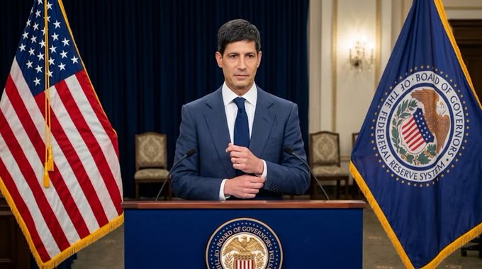 A man in a dark suit stands at a podium bearing the seal of the Federal Reserve Board of Governors, positioned between the American flag and the Fed's official banner, as he delivers remarks on US economic data showing better-than-expected PCE inflation at 3.4% and core inflation slowing to 3.0%.