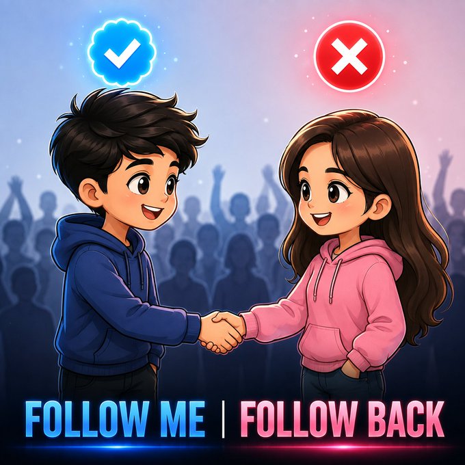 The image is a cartoon-style illustration showing a boy in a blue hoodie and a girl in a pink hoodie shaking hands, with a blue checkmark above the boy and a red X above the girl, captioned "FOLLOW ME | FOLLOW BACK." It visually represents the post's message, reinforcing the call for mutual follows by contrasting successful (✓) and unsuccessful (✗) engagement.