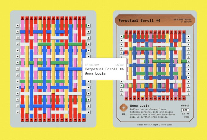 A digital artwork displayed on two card-like layouts titled 'Perpetual Scroll #4' by Anna Lucia, featuring intricate woven patterns of red, blue, green, and pink intersecting bars, with text noting '1ST EDITION' and 'WEB NOSTALGIA'.