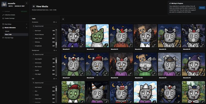 The image shows a digital marketplace interface titled "View Media" displaying a collection of 5,433 Meowfia NFT items, featuring cartoon cat characters with various traits and accessories organized by rarity categories like "Common" and "Anthropomorphic." The accompanying post confirms that all 5,433 Meowfia NFTs are uploaded and ready for reveal once the collection sells out.