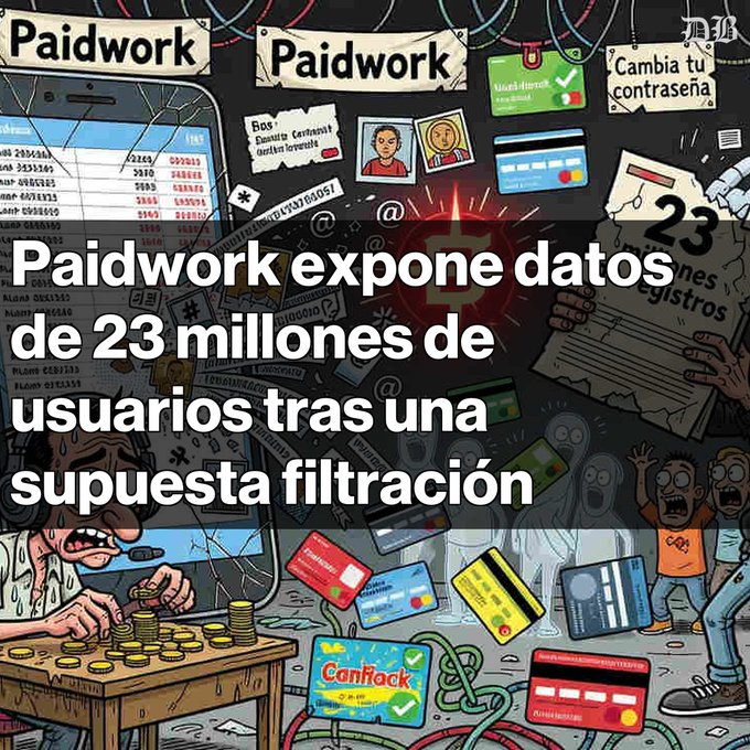 Spanish-language news graphic stating 'Paidwork expone datos de 23 millones de usuarios tras una supuesta filtración' over a chaotic illustration of leaked data.